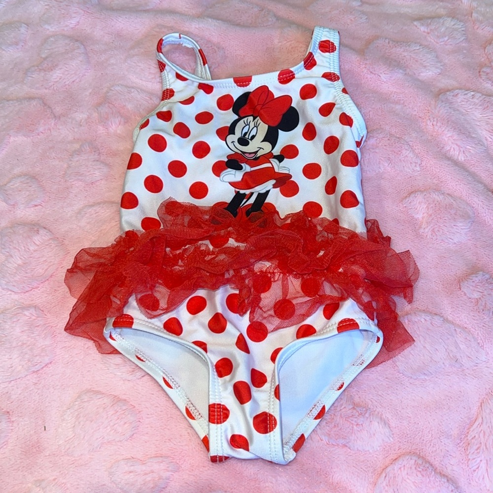 Kids Minnie Mouse Red Polka Dot Ruffled One-Piece Swimsuit